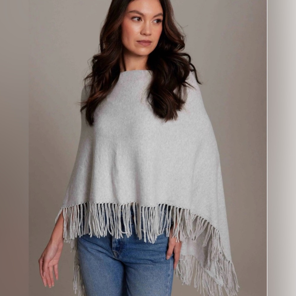 Stylish Ash Gray Fall Fringe Knit Poncho - Dress Topper by Caroline Grace